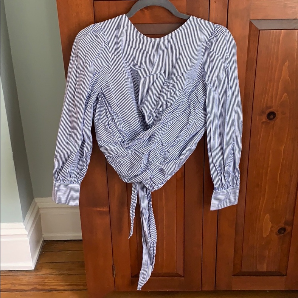 ZARA blue and white striped open back blouse - M